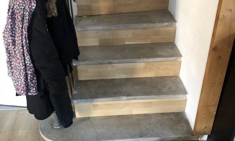 réalisations de porte, de contre marche, de nez de cloison et d'une bibliothèque en chêne massif vernis à ales 