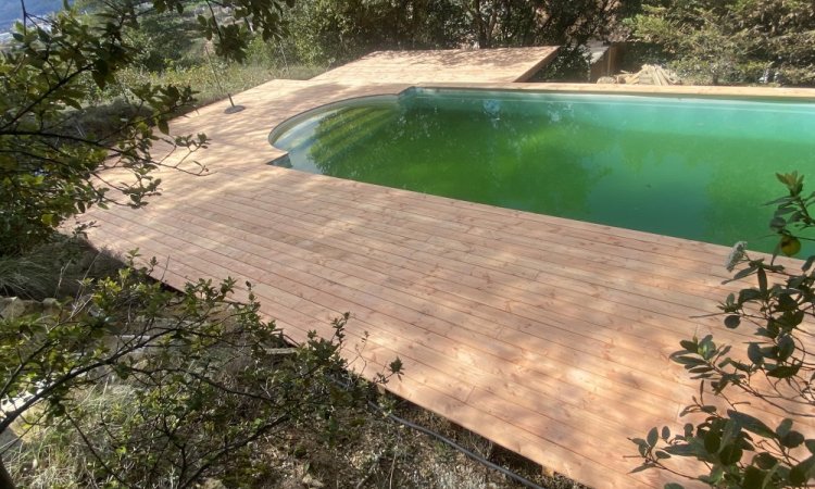 Terrasse bois Douglas autour d'une piscine à Saint Privat des Vieux 